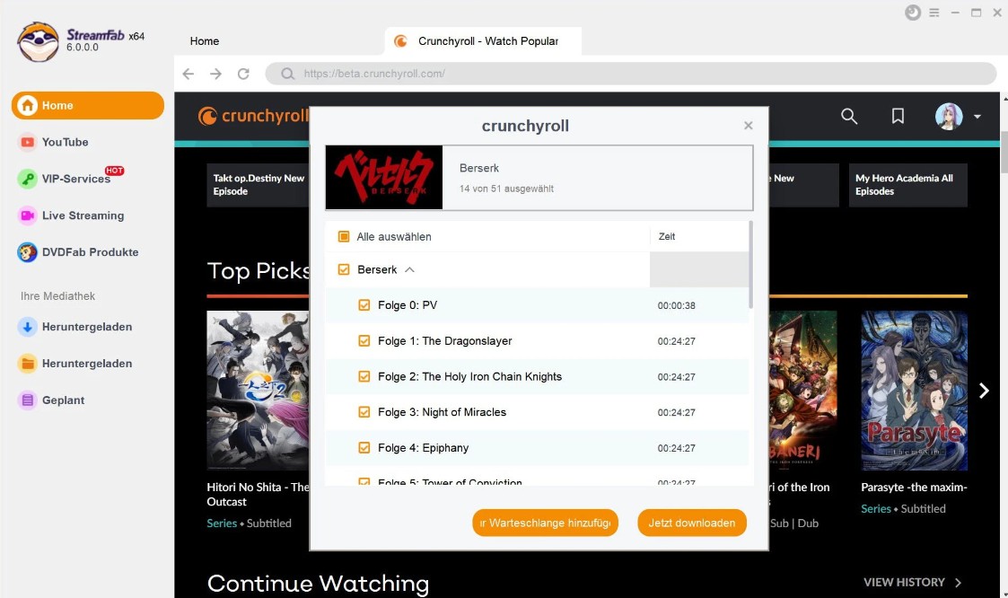 Durchsuchen Sie die Webseite, um nach einem Video für den Crunchyroll-Download zu suchen.