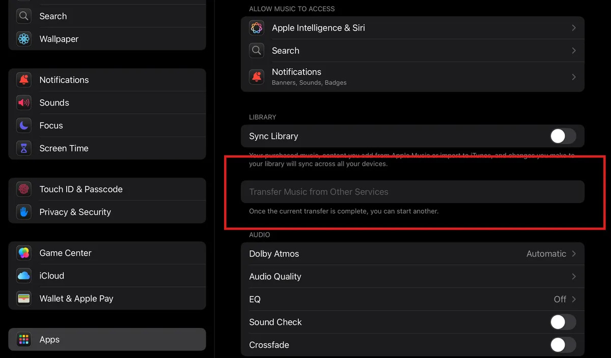 Apple Music transfer screen 