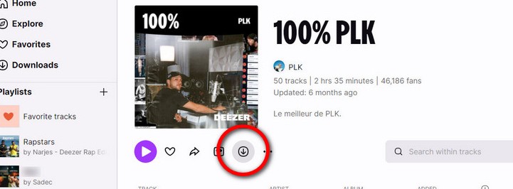 Click the download icon below the playlist or album