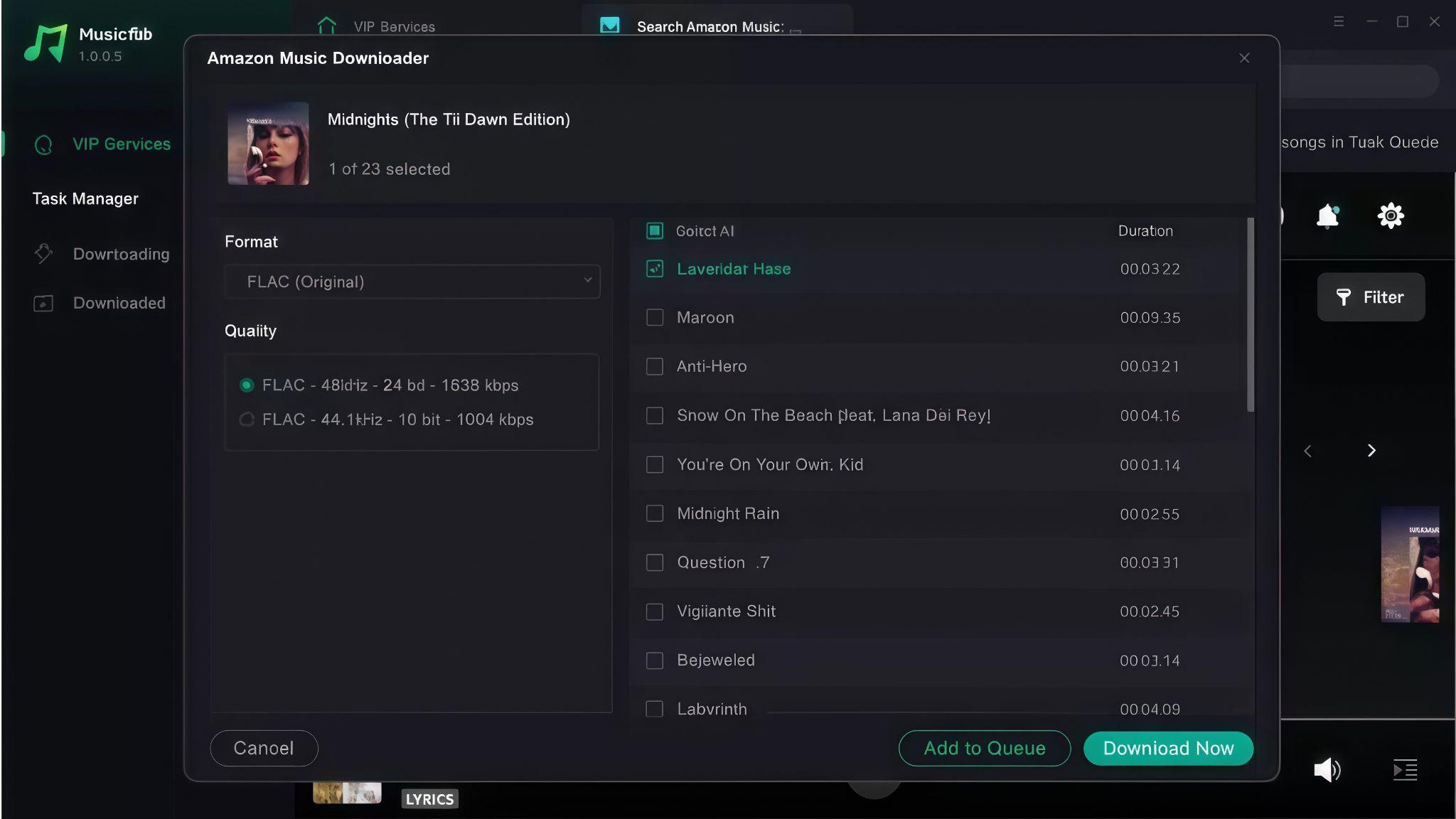 choose the desired audio quality and format