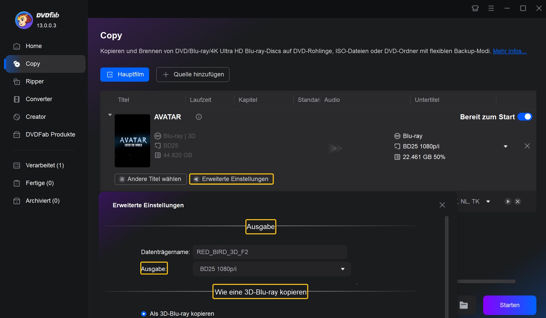 Blu-ray kopieren mit DVDFab Blu ray Copy: Erweiterte Einstellungen anpassen