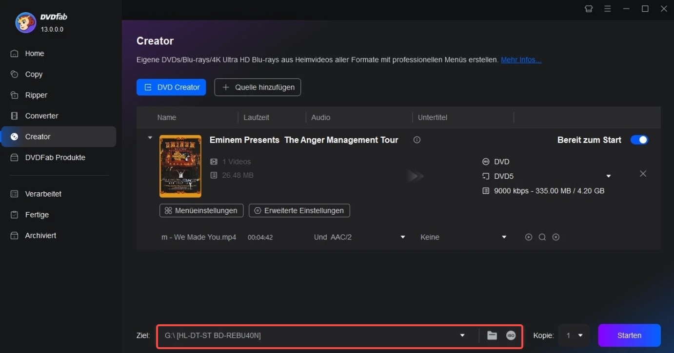 Schritte zum Brennen Ihrer DVDs mit Open source DVD Creator