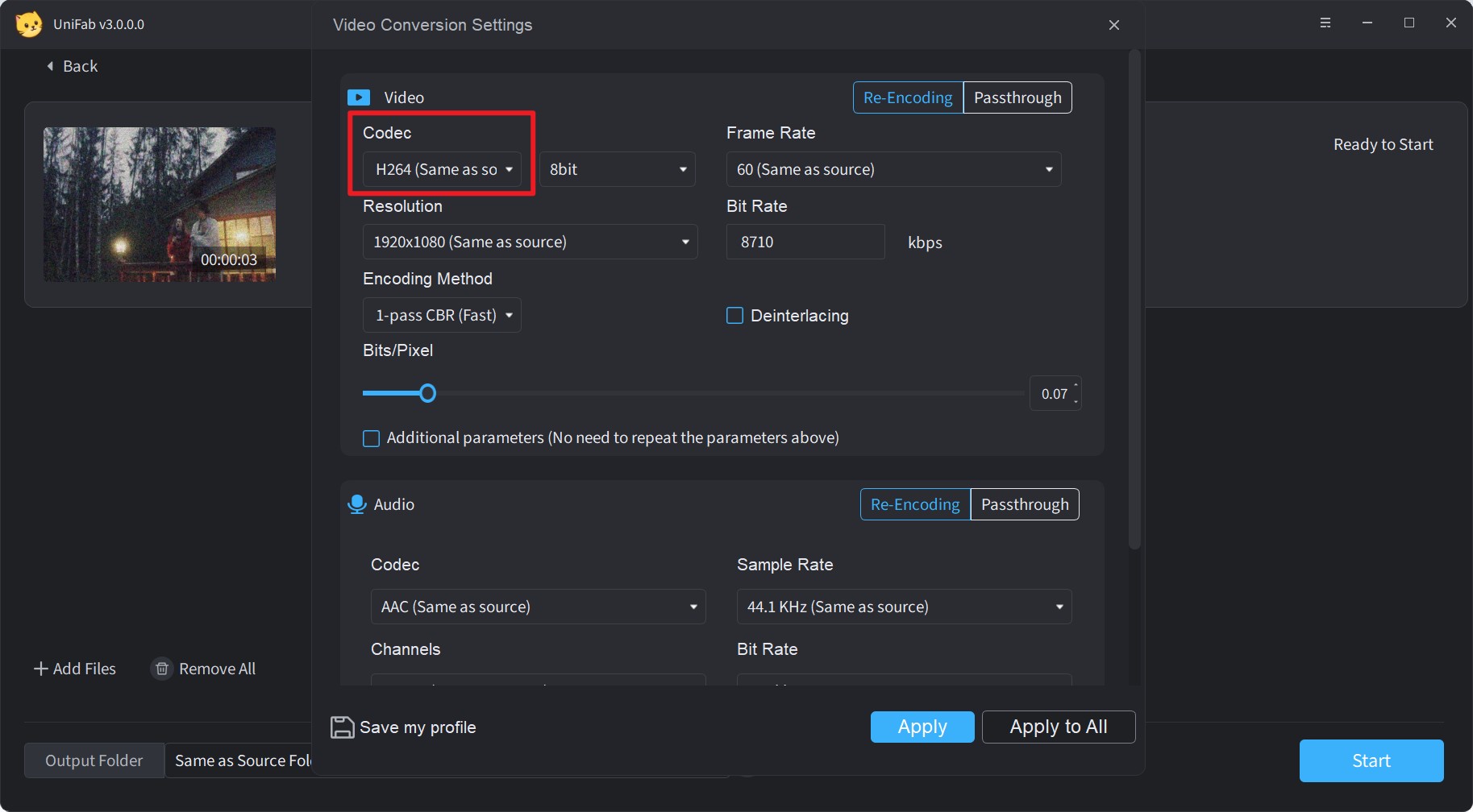 unifab converter-codec settings