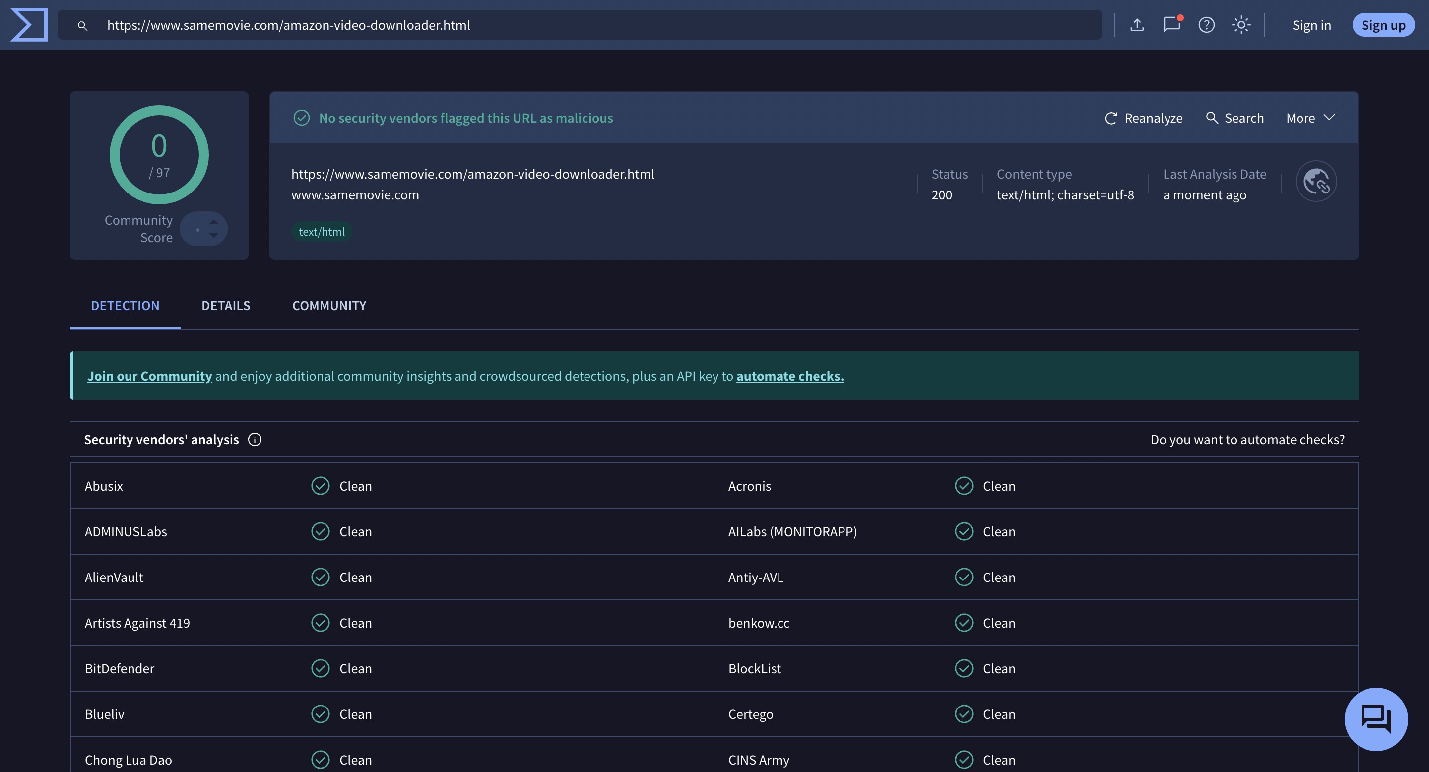 SameMovie Amazon Video Downloader Review virustotal test